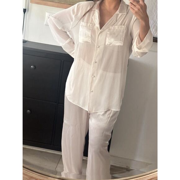 Vintage Dentelle Size Large Pale Pink Silky Satin Chiffon Pajama Set Lingerie - Picture 3 of 14